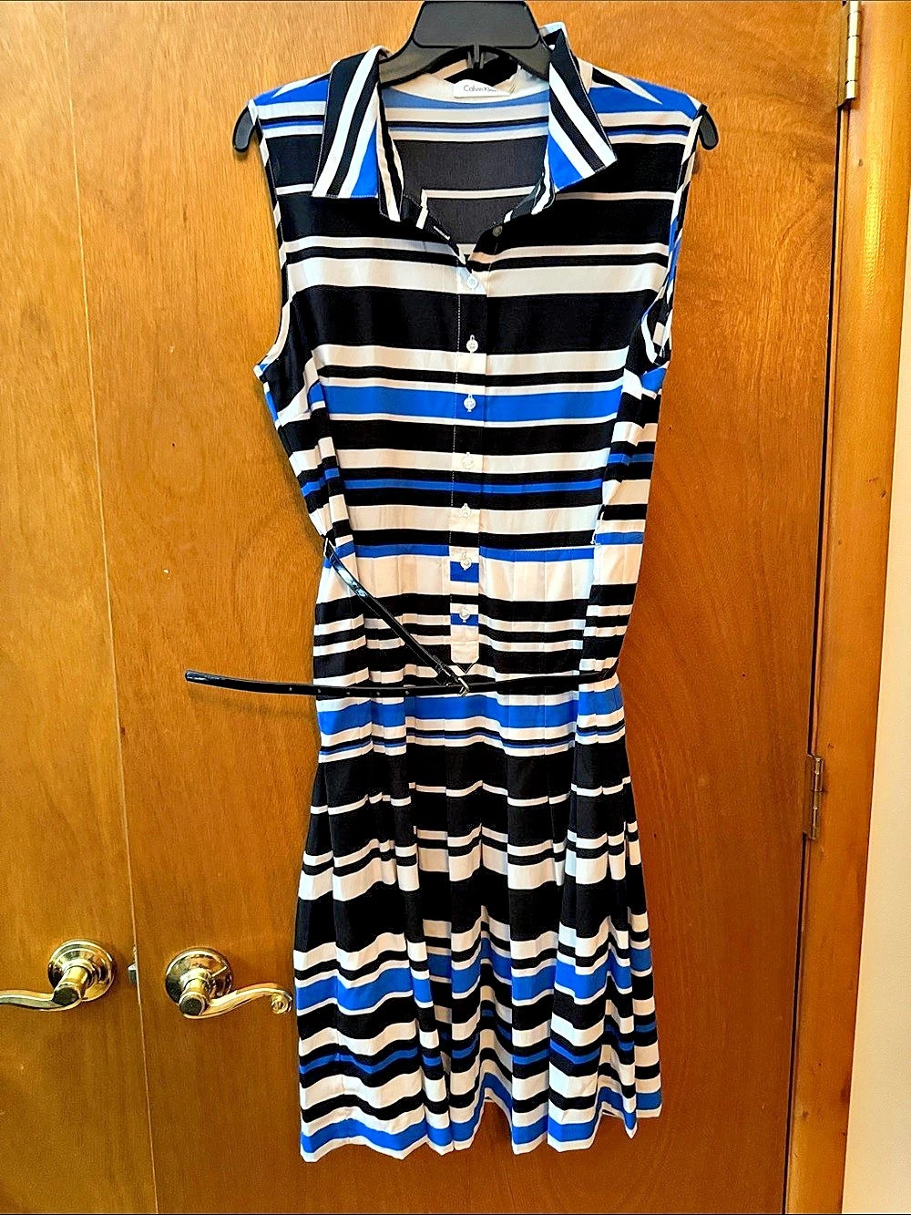 Calvin Klein Striped Midi Dress Black & Blue Size 14